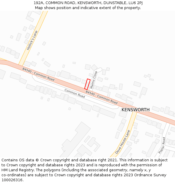 192A, COMMON ROAD, KENSWORTH, DUNSTABLE, LU6 2PJ: Location map and indicative extent of plot