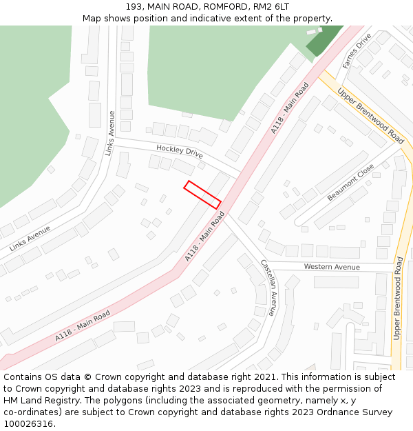 193, MAIN ROAD, ROMFORD, RM2 6LT: Location map and indicative extent of plot