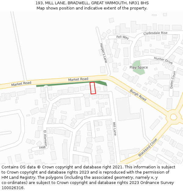 193, MILL LANE, BRADWELL, GREAT YARMOUTH, NR31 8HS: Location map and indicative extent of plot