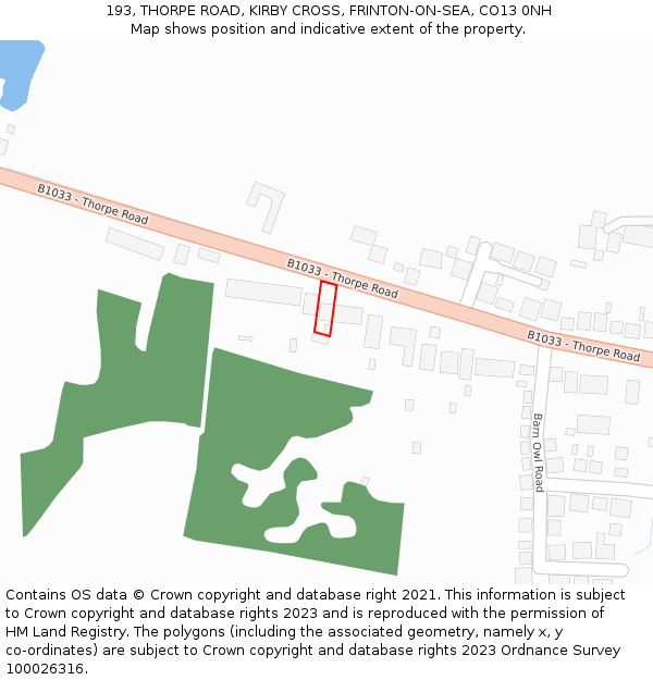 193, THORPE ROAD, KIRBY CROSS, FRINTON-ON-SEA, CO13 0NH: Location map and indicative extent of plot