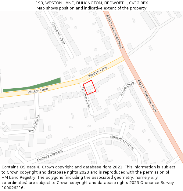 193, WESTON LANE, BULKINGTON, BEDWORTH, CV12 9RX: Location map and indicative extent of plot