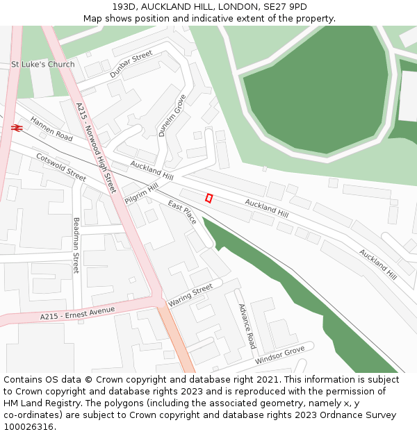 193D, AUCKLAND HILL, LONDON, SE27 9PD: Location map and indicative extent of plot