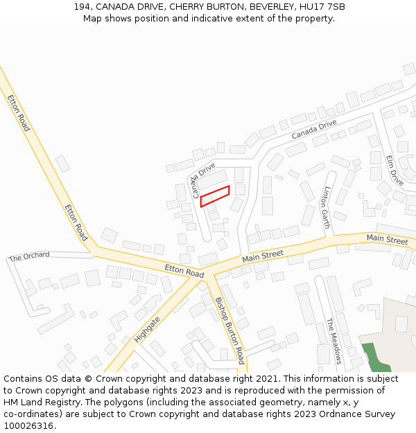 194, CANADA DRIVE, CHERRY BURTON, BEVERLEY, HU17 7SB: Location map and indicative extent of plot