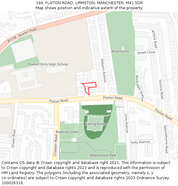 194, FLIXTON ROAD, URMSTON, MANCHESTER, M41 5DR: Location map and indicative extent of plot