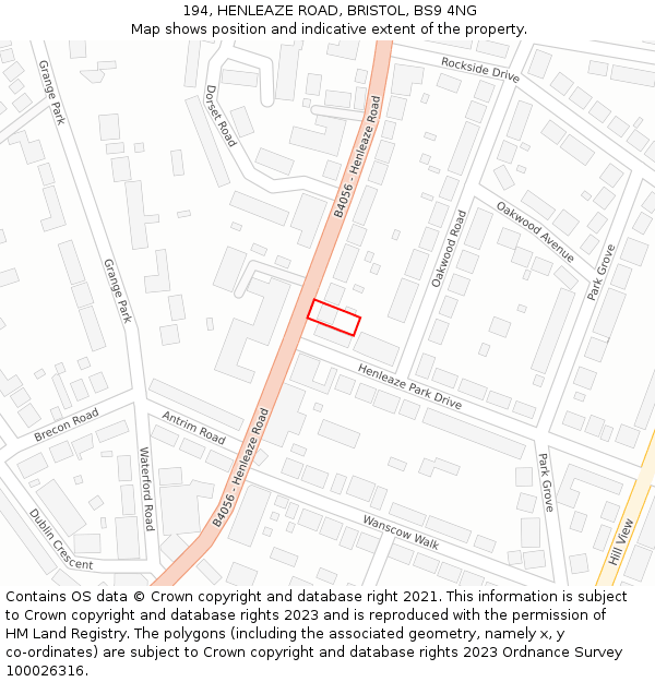 194, HENLEAZE ROAD, BRISTOL, BS9 4NG: Location map and indicative extent of plot