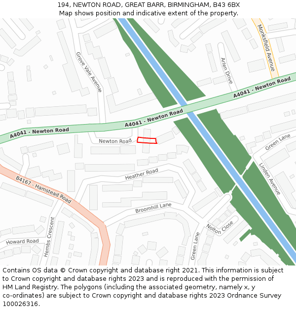 194, NEWTON ROAD, GREAT BARR, BIRMINGHAM, B43 6BX: Location map and indicative extent of plot