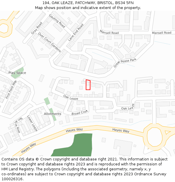 194, OAK LEAZE, PATCHWAY, BRISTOL, BS34 5FN: Location map and indicative extent of plot