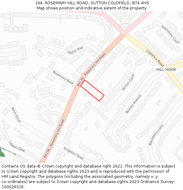 194, ROSEMARY HILL ROAD, SUTTON COLDFIELD, B74 4HS: Location map and indicative extent of plot