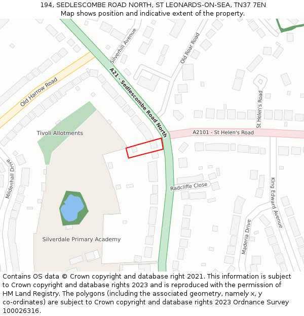 194, SEDLESCOMBE ROAD NORTH, ST LEONARDS-ON-SEA, TN37 7EN: Location map and indicative extent of plot