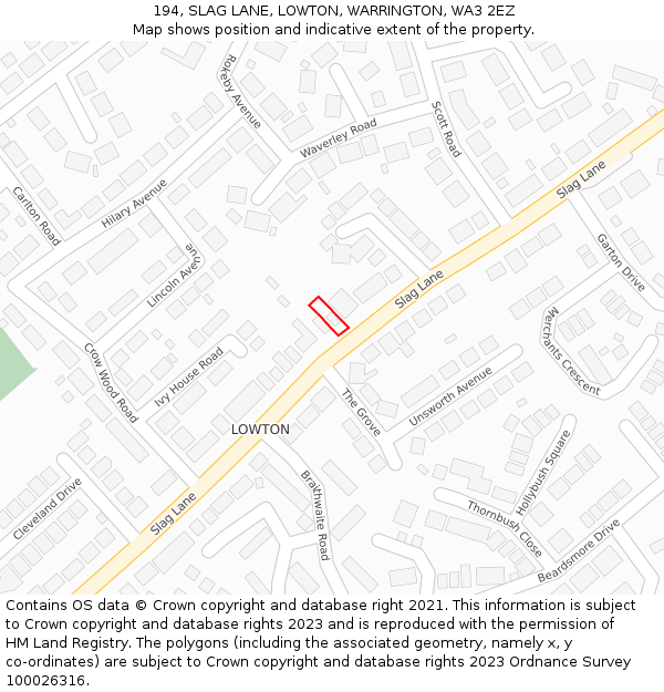 194, SLAG LANE, LOWTON, WARRINGTON, WA3 2EZ: Location map and indicative extent of plot