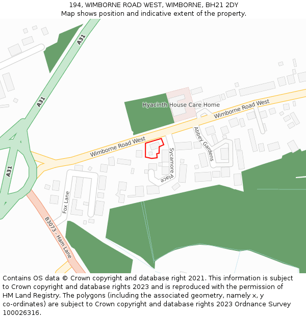 194, WIMBORNE ROAD WEST, WIMBORNE, BH21 2DY: Location map and indicative extent of plot