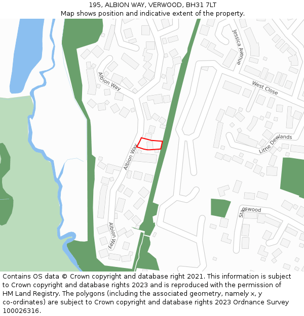 195, ALBION WAY, VERWOOD, BH31 7LT: Location map and indicative extent of plot