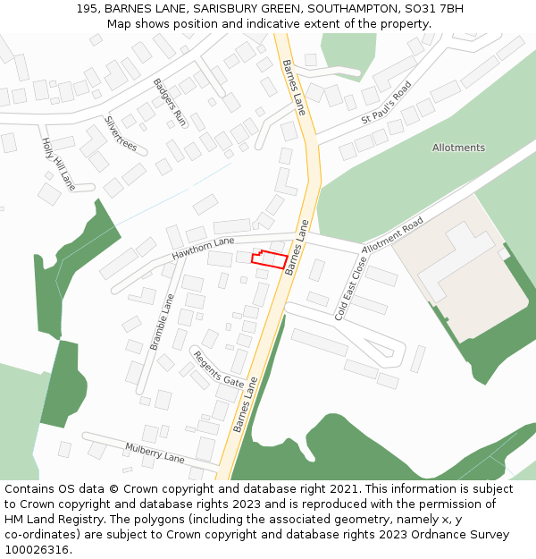 195, BARNES LANE, SARISBURY GREEN, SOUTHAMPTON, SO31 7BH: Location map and indicative extent of plot