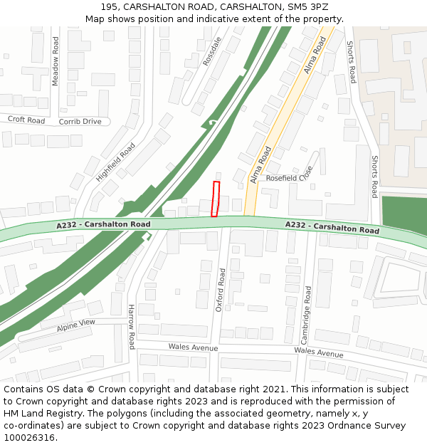 195, CARSHALTON ROAD, CARSHALTON, SM5 3PZ: Location map and indicative extent of plot