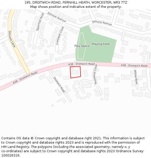 195, DROITWICH ROAD, FERNHILL HEATH, WORCESTER, WR3 7TZ: Location map and indicative extent of plot