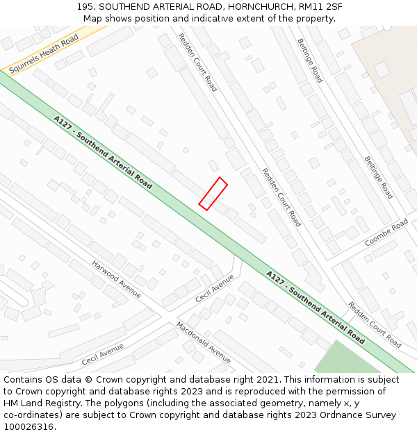 195, SOUTHEND ARTERIAL ROAD, HORNCHURCH, RM11 2SF: Location map and indicative extent of plot