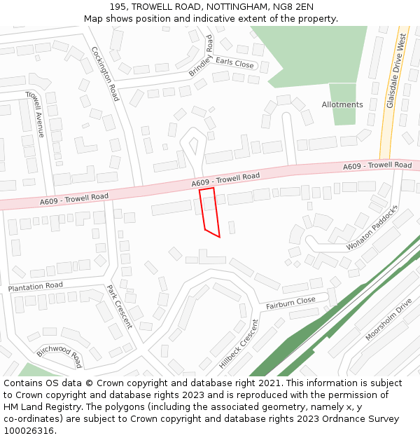 195, TROWELL ROAD, NOTTINGHAM, NG8 2EN: Location map and indicative extent of plot