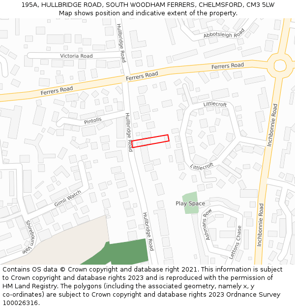 195A, HULLBRIDGE ROAD, SOUTH WOODHAM FERRERS, CHELMSFORD, CM3 5LW: Location map and indicative extent of plot