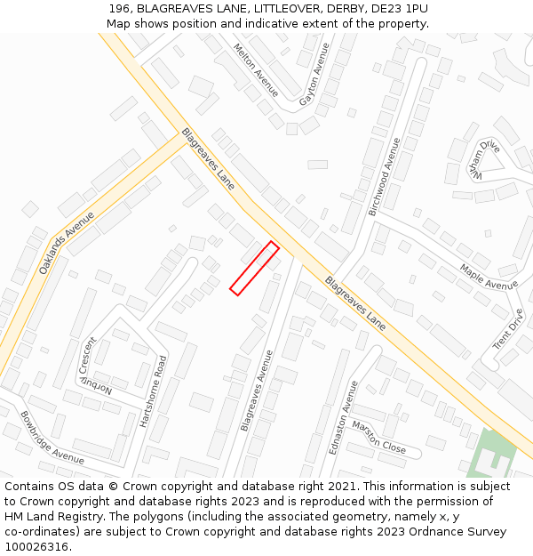196, BLAGREAVES LANE, LITTLEOVER, DERBY, DE23 1PU: Location map and indicative extent of plot
