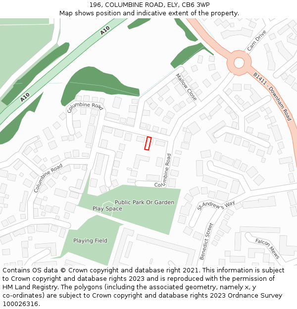 196, COLUMBINE ROAD, ELY, CB6 3WP: Location map and indicative extent of plot
