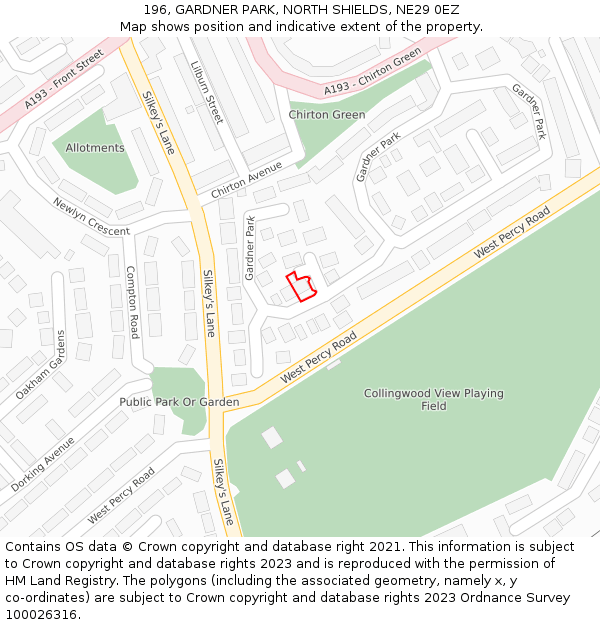 196, GARDNER PARK, NORTH SHIELDS, NE29 0EZ: Location map and indicative extent of plot