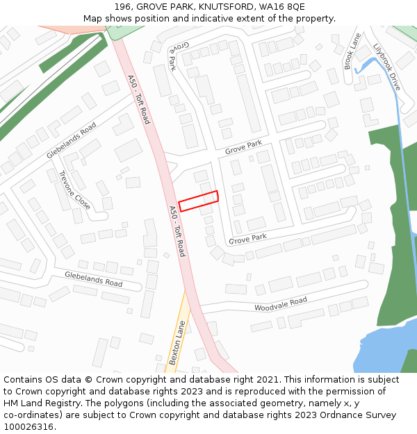 196, GROVE PARK, KNUTSFORD, WA16 8QE: Location map and indicative extent of plot