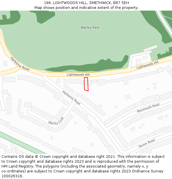 196, LIGHTWOODS HILL, SMETHWICK, B67 5EH: Location map and indicative extent of plot