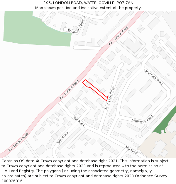 196, LONDON ROAD, WATERLOOVILLE, PO7 7AN: Location map and indicative extent of plot