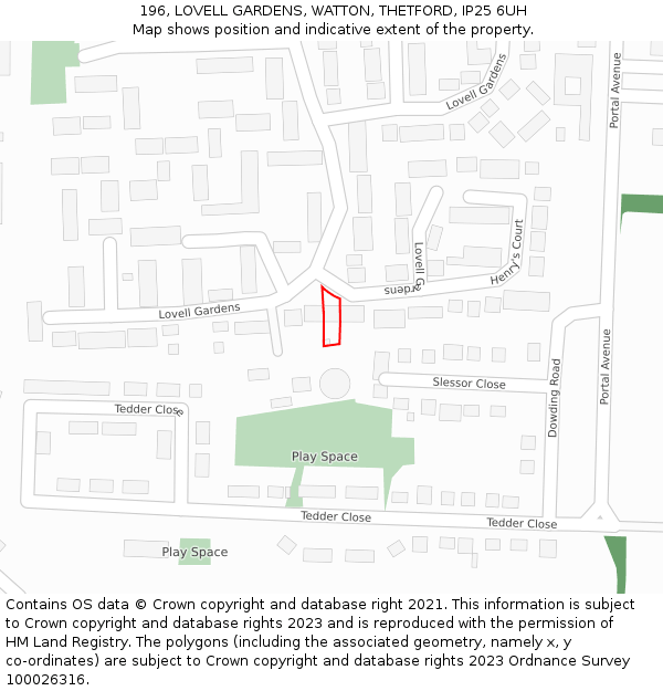 196, LOVELL GARDENS, WATTON, THETFORD, IP25 6UH: Location map and indicative extent of plot