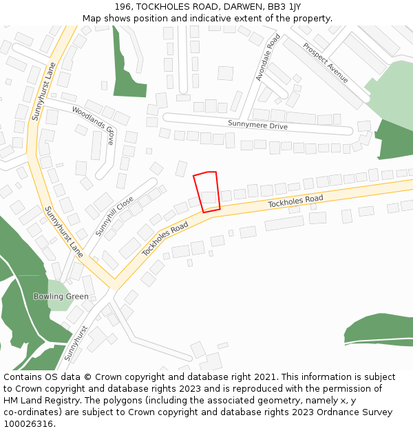 196, TOCKHOLES ROAD, DARWEN, BB3 1JY: Location map and indicative extent of plot