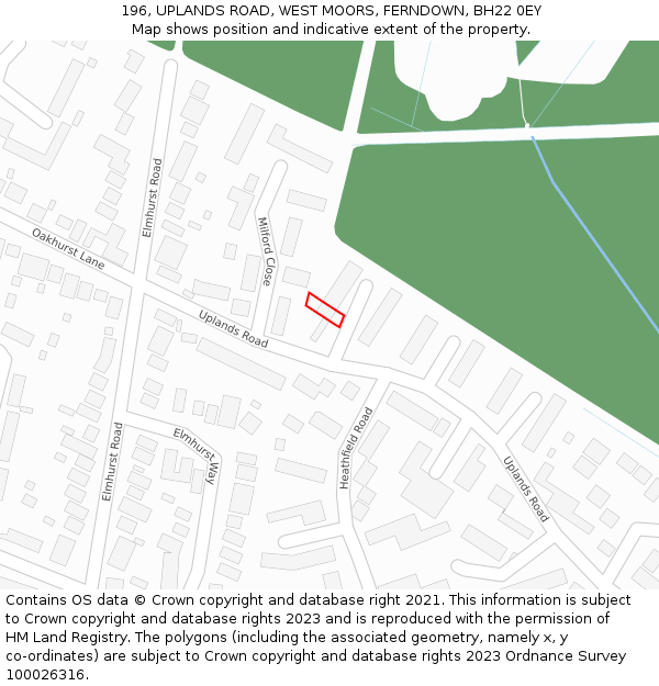 196, UPLANDS ROAD, WEST MOORS, FERNDOWN, BH22 0EY: Location map and indicative extent of plot