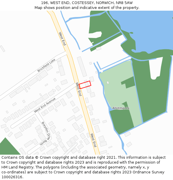 196, WEST END, COSTESSEY, NORWICH, NR8 5AW: Location map and indicative extent of plot