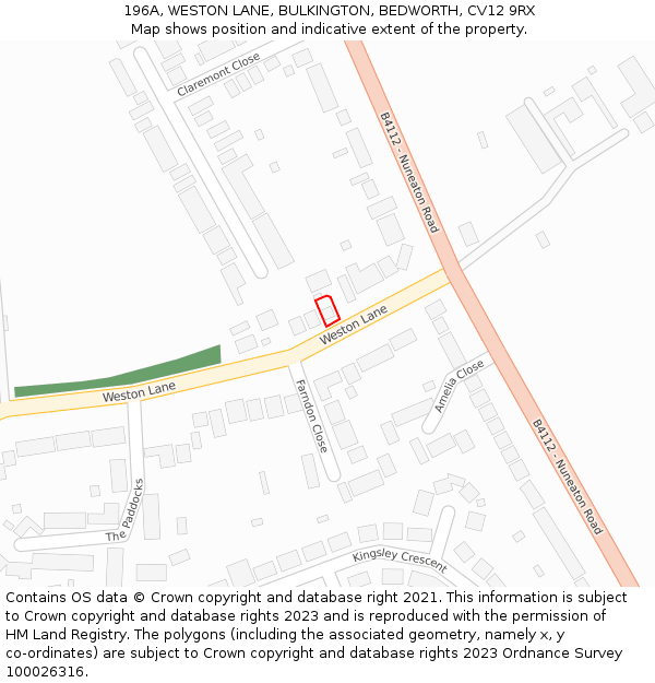 196A, WESTON LANE, BULKINGTON, BEDWORTH, CV12 9RX: Location map and indicative extent of plot