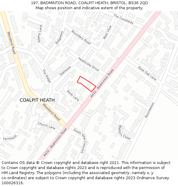197, BADMINTON ROAD, COALPIT HEATH, BRISTOL, BS36 2QD: Location map and indicative extent of plot