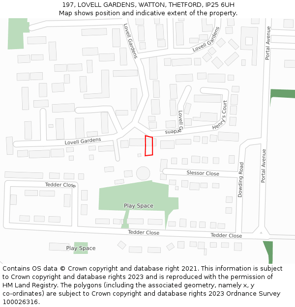 197, LOVELL GARDENS, WATTON, THETFORD, IP25 6UH: Location map and indicative extent of plot