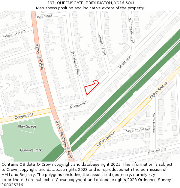 197, QUEENSGATE, BRIDLINGTON, YO16 6QU: Location map and indicative extent of plot