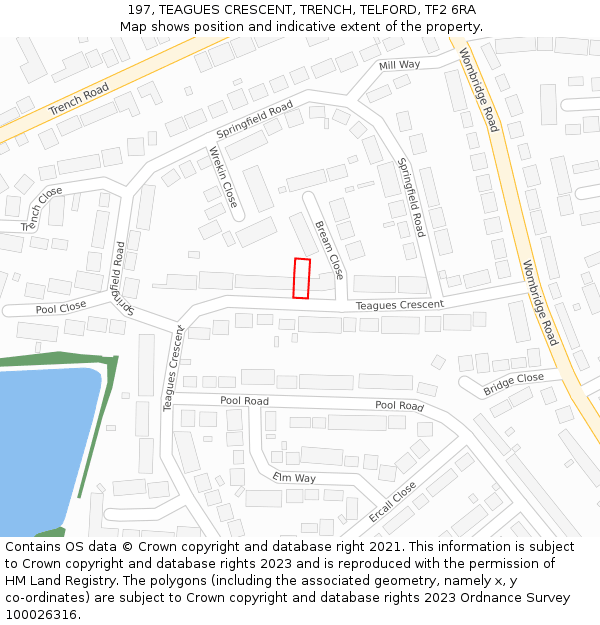 197, TEAGUES CRESCENT, TRENCH, TELFORD, TF2 6RA: Location map and indicative extent of plot