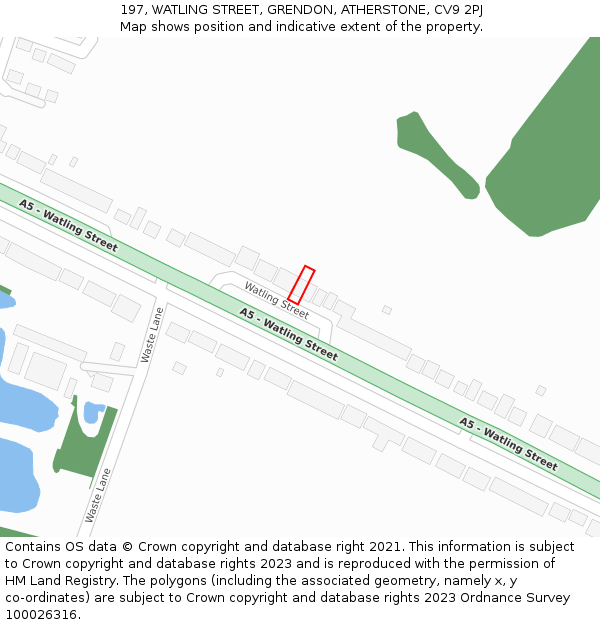 197, WATLING STREET, GRENDON, ATHERSTONE, CV9 2PJ: Location map and indicative extent of plot