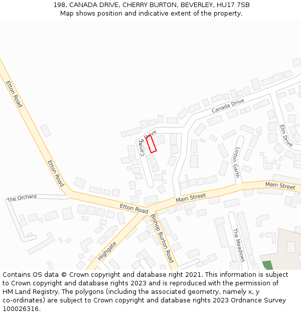 198, CANADA DRIVE, CHERRY BURTON, BEVERLEY, HU17 7SB: Location map and indicative extent of plot