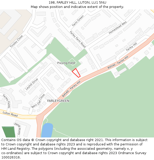 198, FARLEY HILL, LUTON, LU1 5NU: Location map and indicative extent of plot
