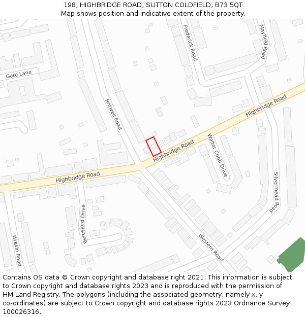 198, HIGHBRIDGE ROAD, SUTTON COLDFIELD, B73 5QT: Location map and indicative extent of plot