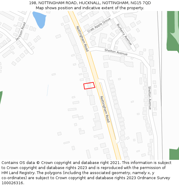 198, NOTTINGHAM ROAD, HUCKNALL, NOTTINGHAM, NG15 7QD: Location map and indicative extent of plot
