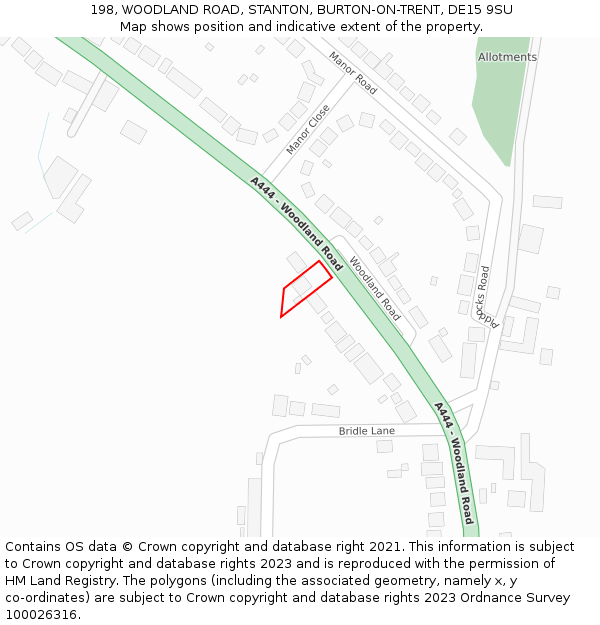 198, WOODLAND ROAD, STANTON, BURTON-ON-TRENT, DE15 9SU: Location map and indicative extent of plot