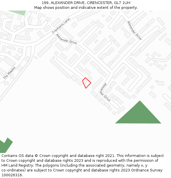 199, ALEXANDER DRIVE, CIRENCESTER, GL7 1UH: Location map and indicative extent of plot