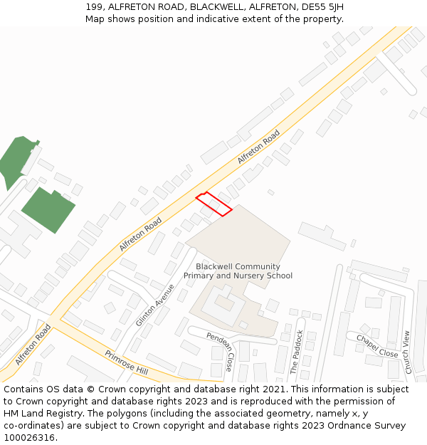 199, ALFRETON ROAD, BLACKWELL, ALFRETON, DE55 5JH: Location map and indicative extent of plot