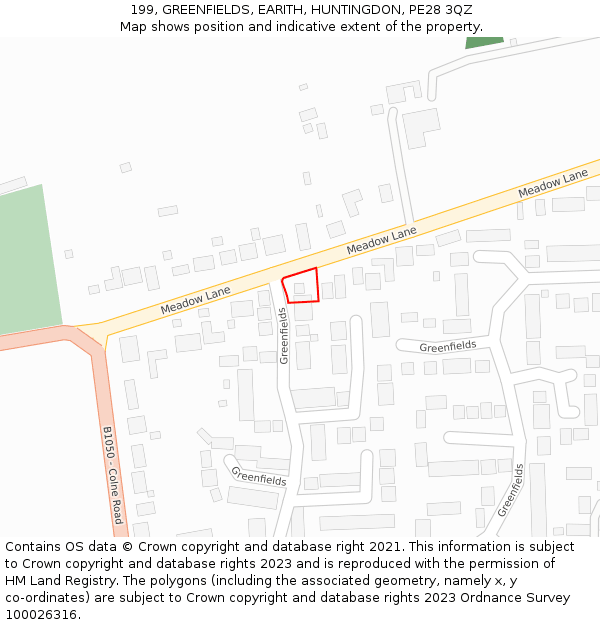 199, GREENFIELDS, EARITH, HUNTINGDON, PE28 3QZ: Location map and indicative extent of plot