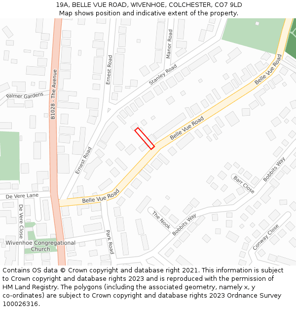 19A, BELLE VUE ROAD, WIVENHOE, COLCHESTER, CO7 9LD: Location map and indicative extent of plot