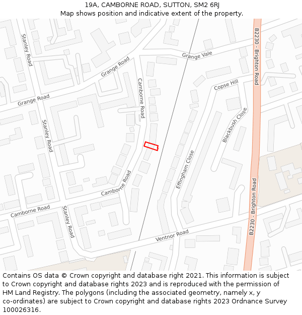 19A, CAMBORNE ROAD, SUTTON, SM2 6RJ: Location map and indicative extent of plot