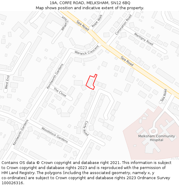 19A, CORFE ROAD, MELKSHAM, SN12 6BQ: Location map and indicative extent of plot
