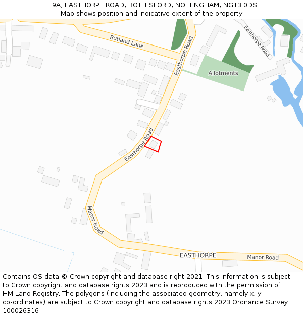 19A, EASTHORPE ROAD, BOTTESFORD, NOTTINGHAM, NG13 0DS: Location map and indicative extent of plot
